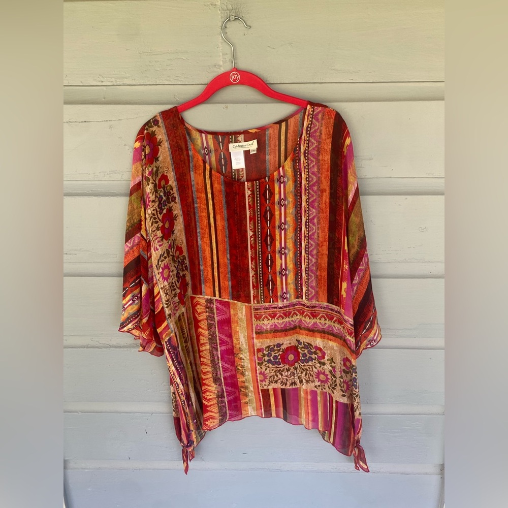 Coldwater Creek Silk Multicolor Bohemian floral/patchwork print Womens Top L/XL